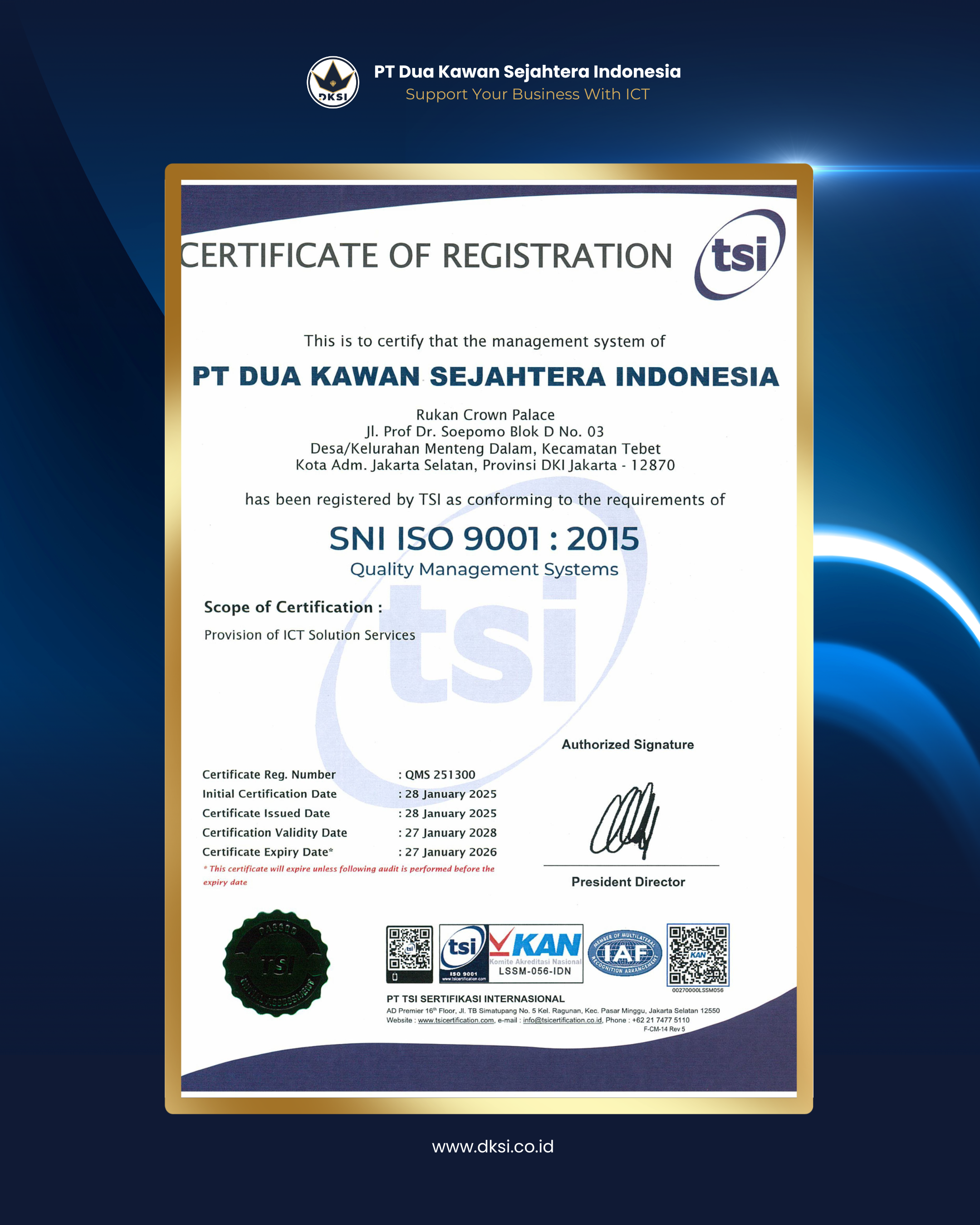 PT Dua Kawan Sejahtera Indonesia Resmi Raih Sertifikasi ISO 9001:2015, Bukti Komitmen terhadap Kualitas dan Inovasi